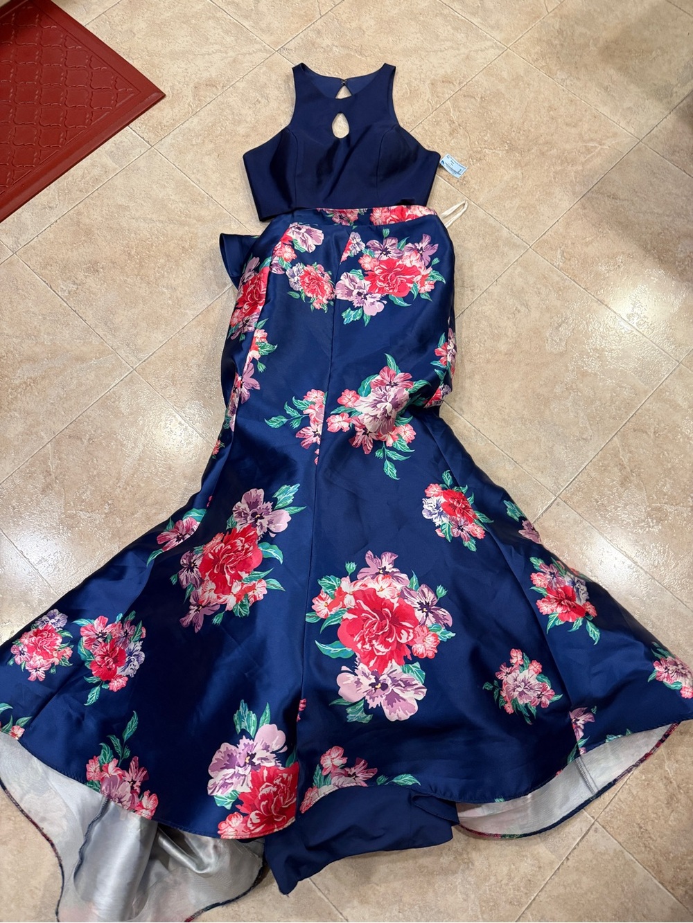 Ava Presley Size 14 Ruffle Back Floral Blue Formal Two Piece Gown